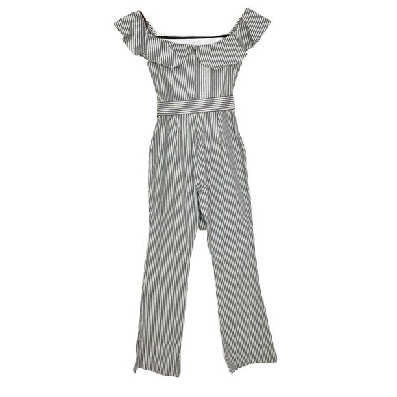 BCBGeneration Off-The-Shoulder Striped Jumpsuit Size 0 Navy White New - Picture 7 of 11